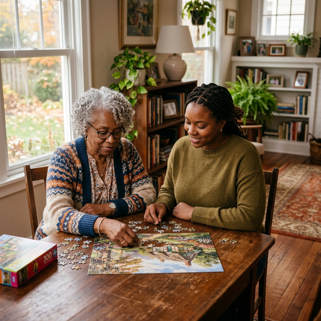 Caregiver and elderly resident doing a puzzle together