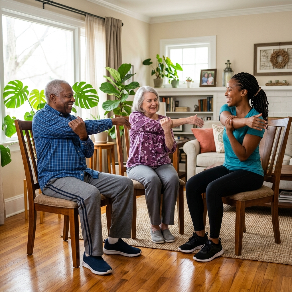 Elderly residents doing gentle chair exercises with caregiver