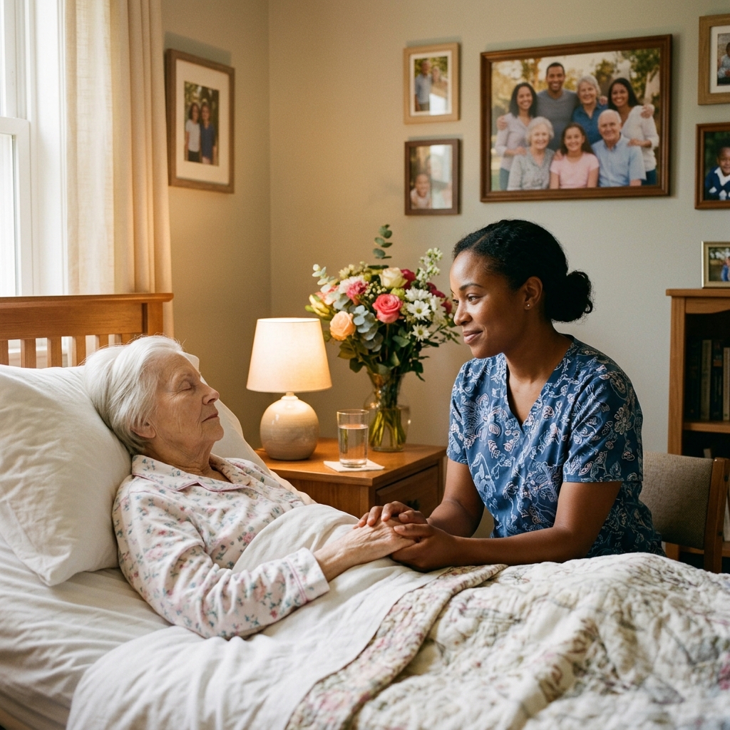 Compassionate caregiver sitting with elderly resident in bedroom